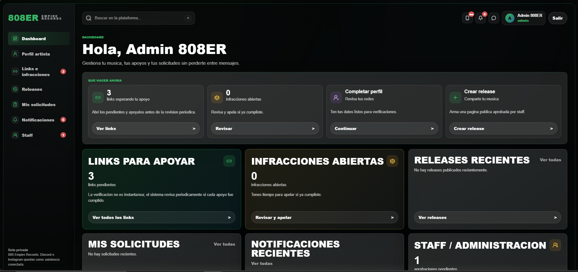 Panel web moderno para artistas 808ER